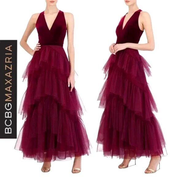 💥BREATHTAKING💥BCBGMAXAZRIA Velvet & Tulle Ruffled Gown in Cobernet - Picture 1 of 16
